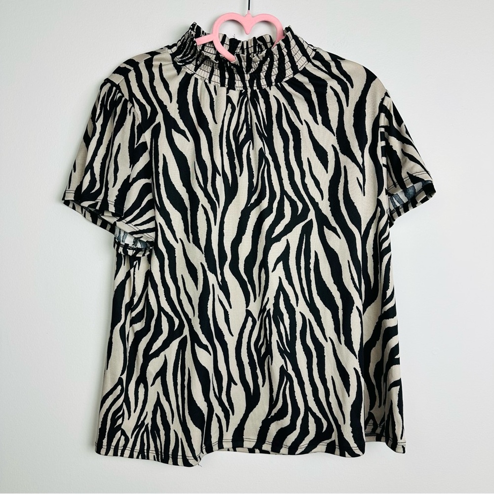 Beacon Jan Mock Neck Mesh Knit Black and Cream Zebra Print Blouse Size Medium